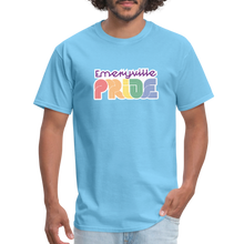 Load image into Gallery viewer, Emeryville PRIDE T (on White) - aquatic blue